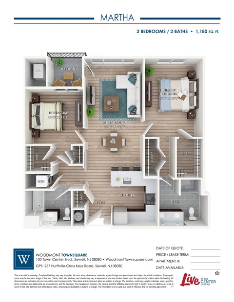 Floor plan for 2 beds, 2 baths, 1180 sqft